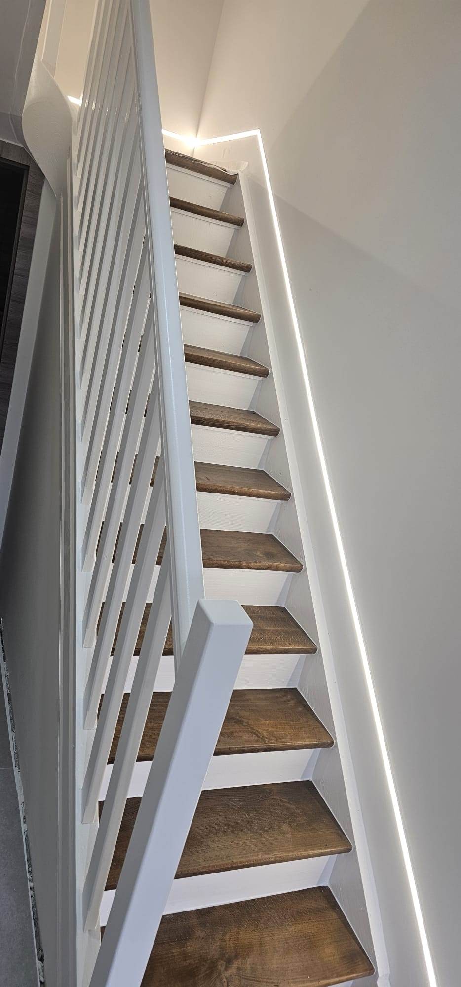 Escalier droit laqué blanc et marches teintées